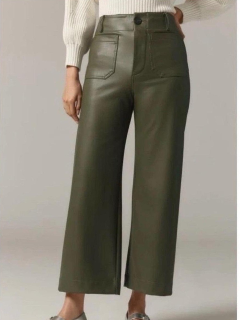 Maeve Olive Green Wide-Leg Faux Leather Cropped Pants